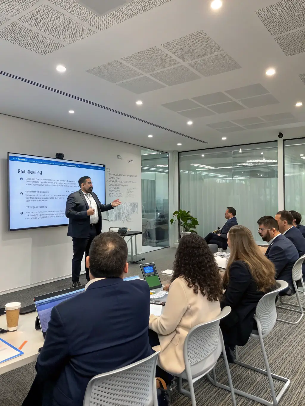 A consultant presenting a cybersecurity strategy to a client, emphasizing data protection.