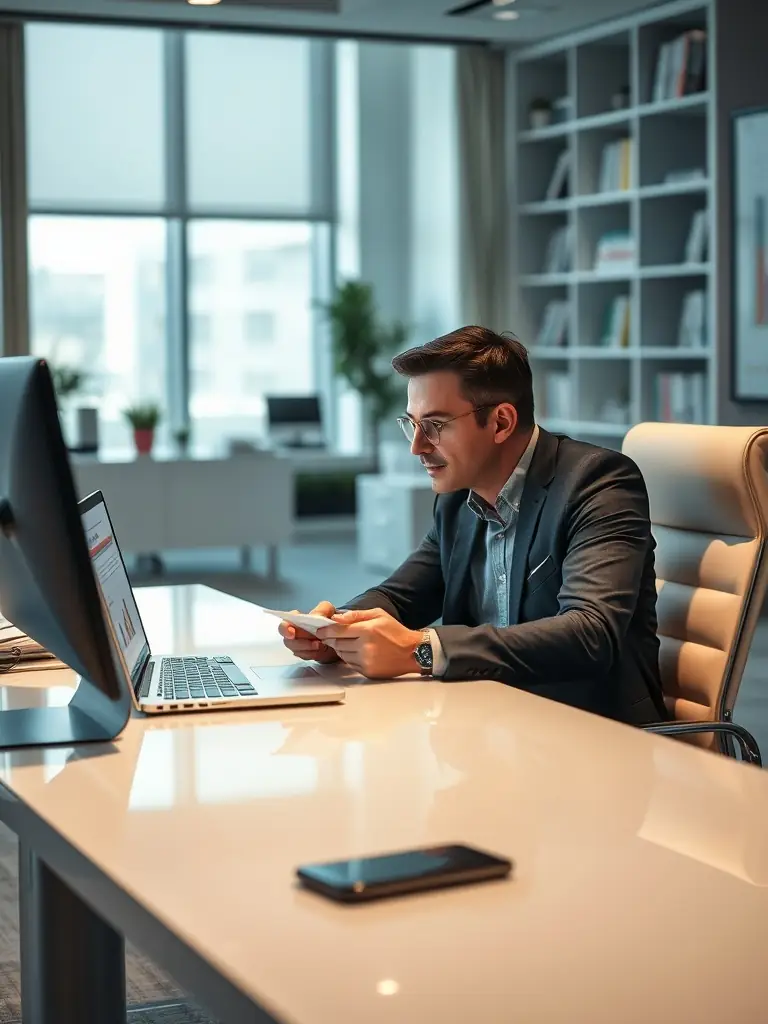 A consultant in a modern office setting, analyzing data on a large screen, representing digital transformation consulting.