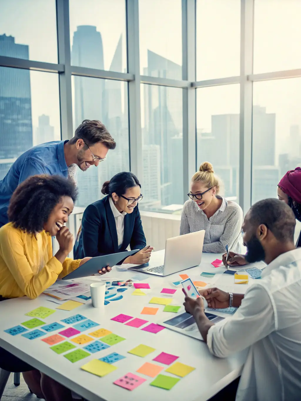 A team of consultants collaborating around a table, brainstorming strategic growth plans.